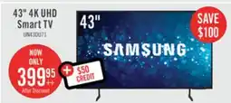 The Brick Samsung 43 4K UHD Direct Lit PurColour HDR10+ 60Hz Smart TV (UN43DU7100FXZC) offer