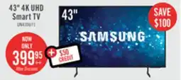 The Brick Samsung 43 4K UHD Direct Lit PurColour HDR10+ 60Hz Smart TV (UN43DU7100FXZC) offer