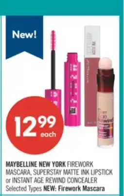 Shoppers Drug Mart MAYBELLINE NEW YORK FIREWORK MASCARA, SUPERSTAY MATTE INK LIPSTICK or INSTANT AGE REWIND CONCEALER offer