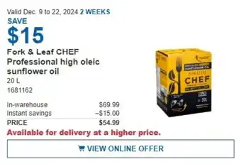 Costco Fork & Leaf CHEF Professional high oleic sunflower oil offer