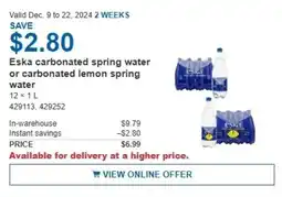 Costco Eska carbonated spring water or carbonated lemon spring water offer