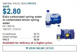 Costco Eska carbonated spring water or carbonated lemon spring water offer