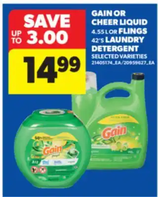 Real Canadian Superstore GAIN OR CHEER LIQUID, 4.55 L OR FLINGS, 42'S LAUNDRY DETERGENT offer