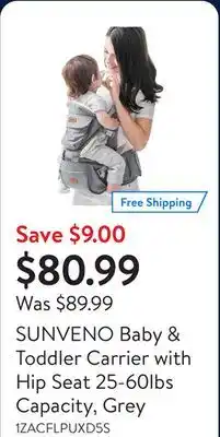 Walmart SUNVENO Baby & Toddler Carrier with Hip Seat 25-60lbs Capacity, Grey offer
