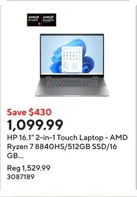 Staples HP 16.1 2-in-1 Touch Laptop - AMD Ryzen 7 8840HS/512GB SSD/16 GB RAM/Windows 11 Home offer