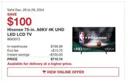 Costco Hisense 75-in. A6KV 4K UHD LED LCD TV offer