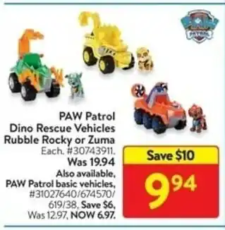 Walmart PAW Patrol Dino Rescue Vehicles Rubble Rocky or Zuma offer