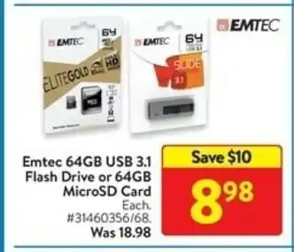 Walmart Emtec 64gb USB 3.1 Flash Drive or 64gb MicroSD Card offer