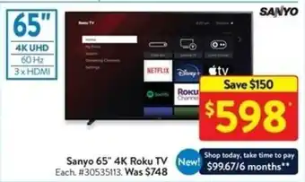 Walmart Sanyo 65" 4K Roku TV offer