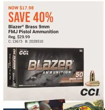 Cabela's Blazer Brass 9mm FMJ Pistol Ammunition offer
