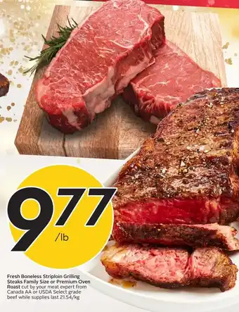 Sobeys Fresh boneless striploin grilling steaks family size or premium oven roast offer