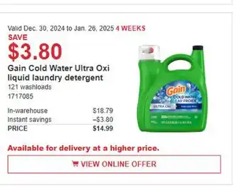 Costco Gain Cold Water Ultra Oxi liquid laundry detergent offer