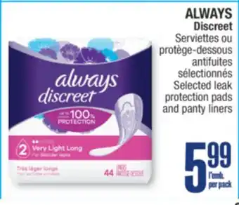 Jean Coutu ALWAYS Discreet Selected leak protection pads and panty liners offer