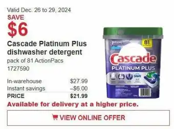 Costco Cascade Platinum Plus dishwasher detergent offer