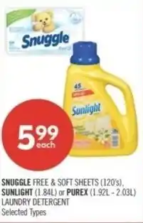 Shoppers Drug Mart Snuggle free & soft sheets, sunlight or purex laundry detergent offer