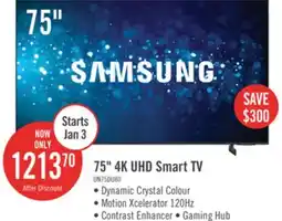 The Brick Samsung 75 4K UHD Edge Lit Dynamic Crystal Colour HDR10+ 60Hz Smart TV (UN75DU8000FXZC) offer