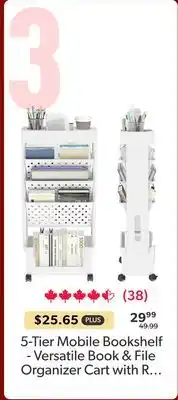 123Ink 5-Tier Mobile Bookshelf - Versatile Book & File Organizer Cart with Rotatable Wheels - Moustache offer