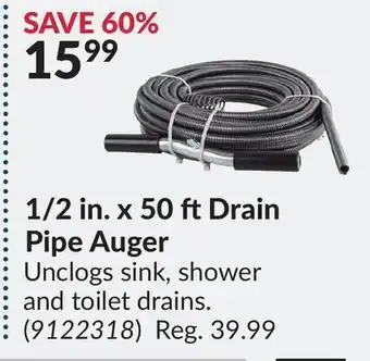 Princess Auto 1/2 in. x 50 ft Drain Pipe Auger offer