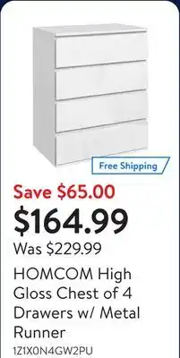 Walmart HOMCOM High Gloss Chest of 4 Drawers w/ Metal Runner offer