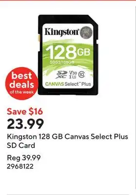 Staples Kingston 128 GB Canvas Select Plus SD Card offer