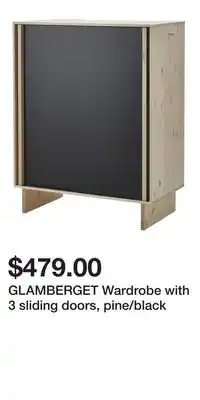 IKEA GLAMBERGET Wardrobe with 3 sliding doors, pine/black offer