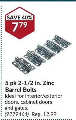 Princess Auto 5 pk 2-1/2 in. Zinc Barrel Bolts offer