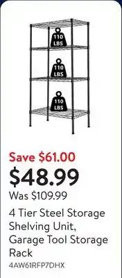 Walmart 4 Tier Steel Storage Shelving Unit, Garage Tool Storage Rack offer