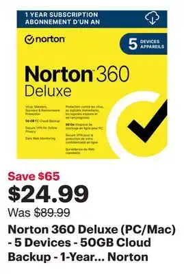 Best Buy Norton 360 Deluxe (PC/Mac) - 5 Devices - 50GB Cloud Backup - 1-Year Subscription - Digital Download offer