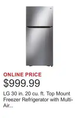 Costco LG 30 in. 20 cu. ft. Top Mount Freezer Refrigerator with Multi-Air Flow Cooling offer