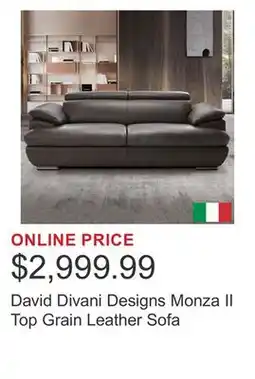 Costco David Divani Designs Monza II Top Grain Leather Sofa offer