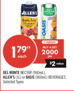 Shoppers Drug Mart DEL MONTE NECTAR (960mL), ALLEN'S (1L) or OASIS (960mL) BEVERAGES offer