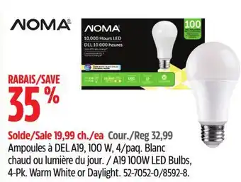 Canadian Tire NOMA A19 100W LED Bulbs, 4-Pk offer