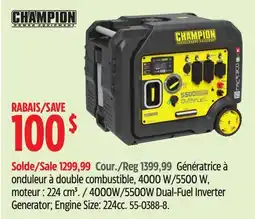 Canadian Tire Champion Power Equipment 4000W/5500W Dual-Fuel Inverter Generator Engine Size: 224cc offer