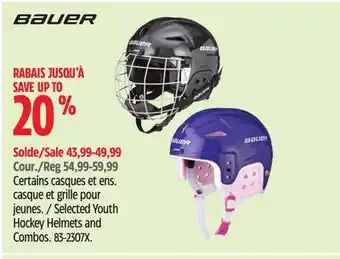 Canadian Tire Bauer Selected Youth Hockey Helmets and Combos offer