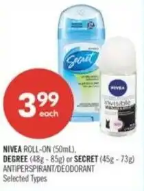 Shoppers Drug Mart Nivea roll-on, degree or secret antiperspirant deodorant offer