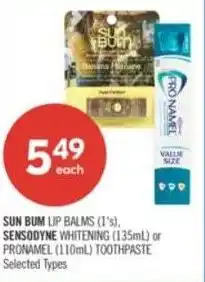 Shoppers Drug Mart Sun bum lip balms, sensodyne whitening or pronamel toothpaste offer