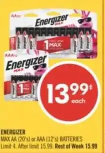 Shoppers Drug Mart Energizer max aa or aaa batteries offer