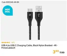 Shopper+ PrimeCables USB-A to USB-C Charging Cable, Black Nylon Braided - 4ft offer