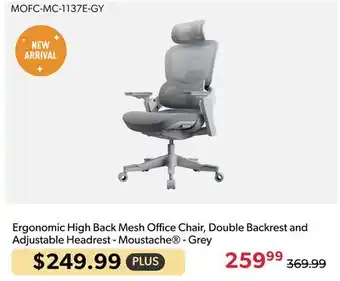 Shopper+ Ergonomic High Back Mesh Office Chair, Double Backrest and Adjustable Headrest - Moustache - Grey offer