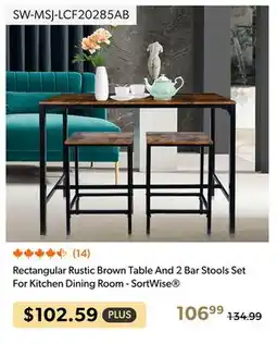 Shopper+ Rectangular Rustic Brown Table And 2 Bar Stools Set For Kitchen Dining Room - SortWise offer