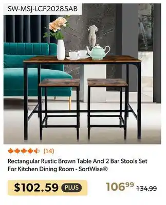 Shopper+ Rectangular Rustic Brown Table And 2 Bar Stools Set For Kitchen Dining Room - SortWise offer