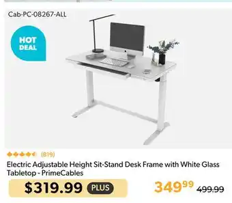 Shopper+ PrimeCables Electric Adjustable Height Sit-Stand Desk Frame with White Glass Tabletop offer