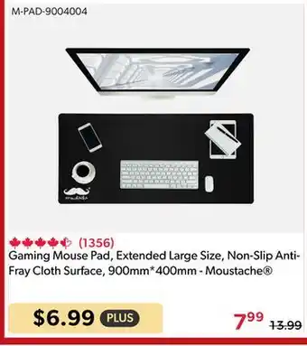 Shopper+ Gaming Mouse Pad, Extended Large Size, Non-Slip Anti- Fray Cloth Surface, 900mm*400mm - Moustache offer