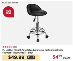 Shopper+ PU Leather Height Adjustable Ergonomic Rolling Stool with Footrest - Moustache - Black offer