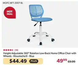 Shopper+ Height Adjustable 360° Rotation Low-Back Home Office Chair with Wheels - Moustache - Blue offer