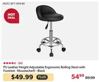 123Ink PU Leather Height Adjustable Ergonomic Rolling Stool with Footrest - Moustache - Black offer