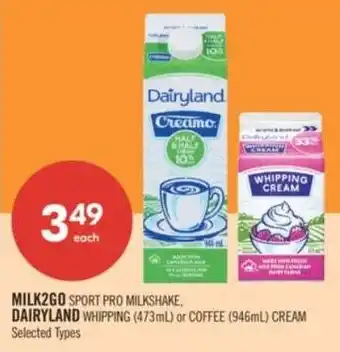 Shoppers Drug Mart Milk2go sport pro milkshake, dairyland whipping or coffee cream offer