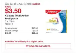 Costco Colgate Total Active toothpaste offer