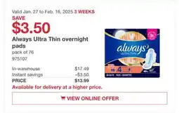 Costco Always Ultra Thin Overnight pads offer