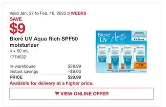 Costco Bioré UV Aqua Rich SPF50 moisturizer offer